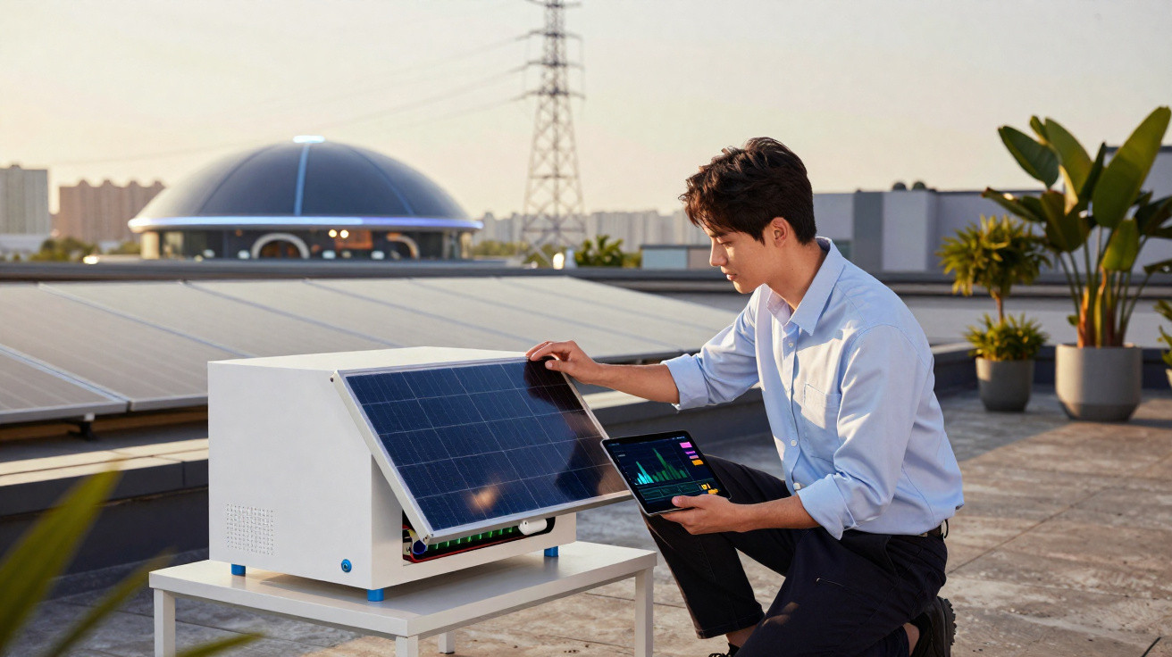 Homem verifica painel solar em teste com tablet na mão em ambiente externo, ao pôr do sol.