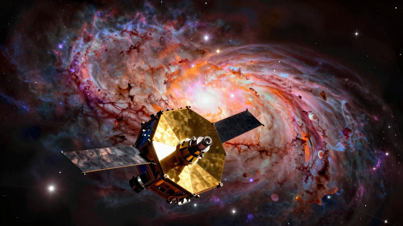 Sonda espacial dourada com painéis solares flutuando diante de uma galáxia espiral colorida no espaço.