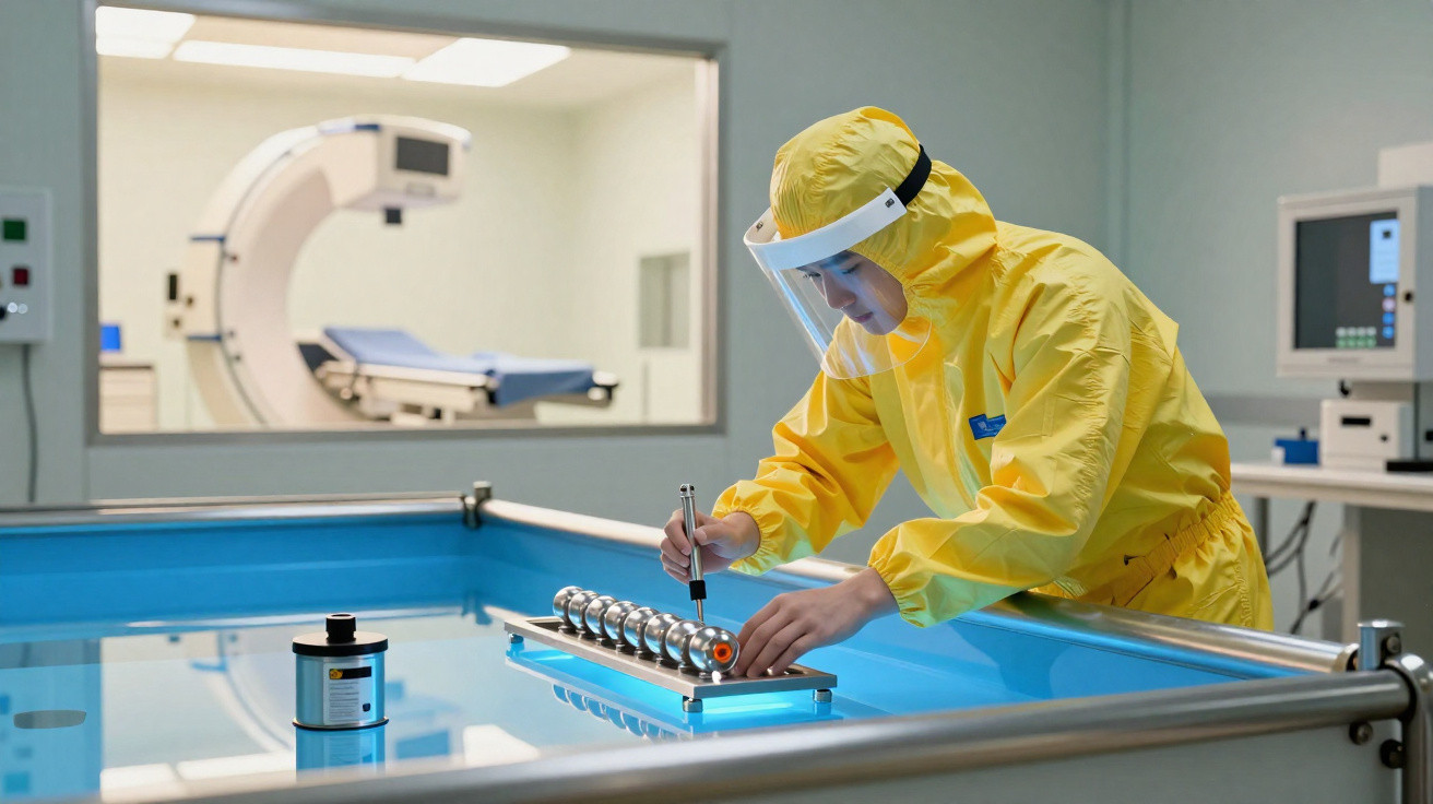 Profissional com traje de proteção ajustando equipamento em laboratório tecnológico avançado.