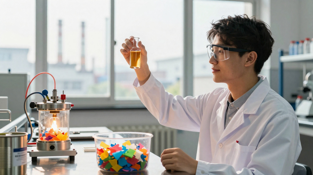 Jovem cientista com jaleco e óculos segurando líquido amarelo em frasco dentro de laboratório moderno.