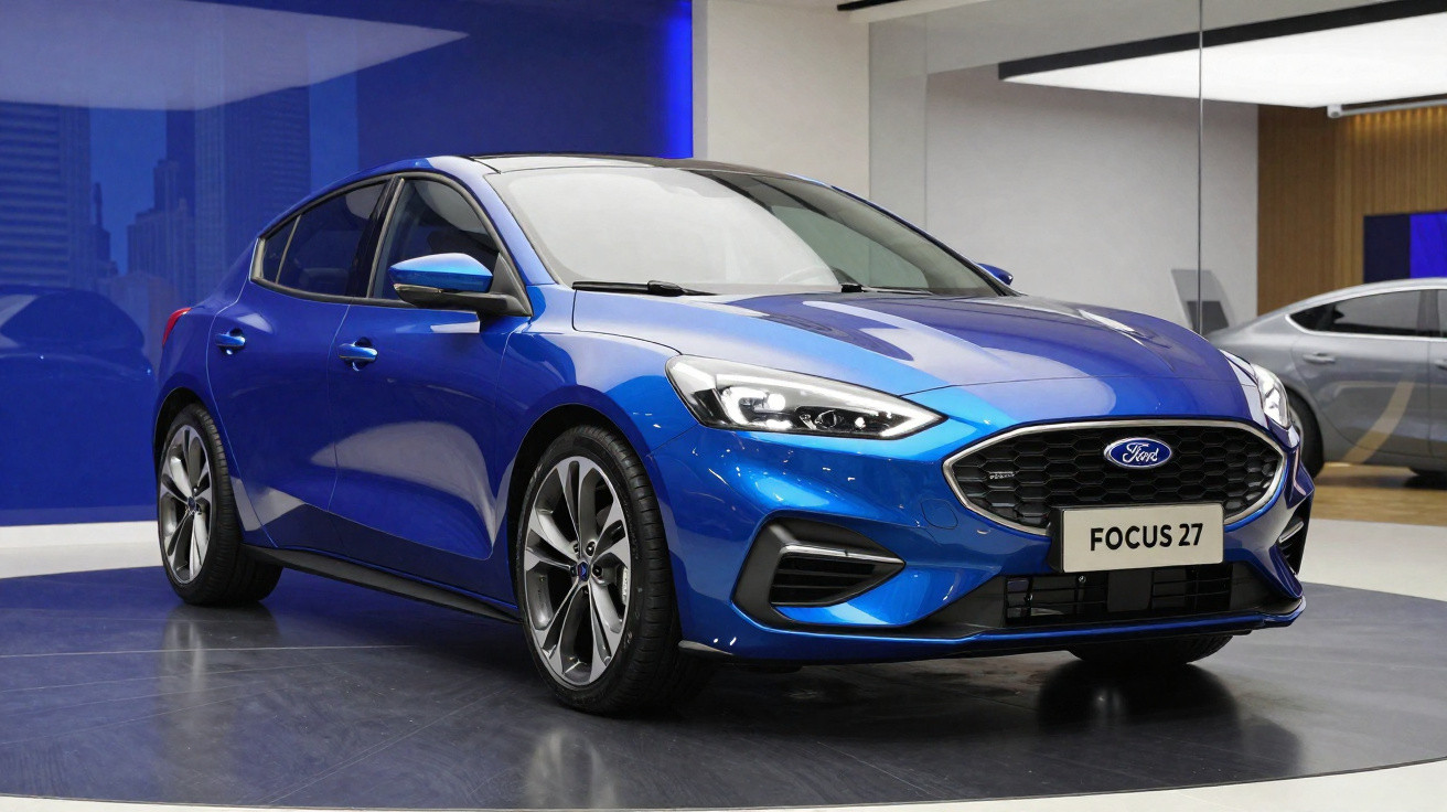 Carro azul Ford Focus 27 exposto em ambiente interno com iluminação destacando detalhes modernos.