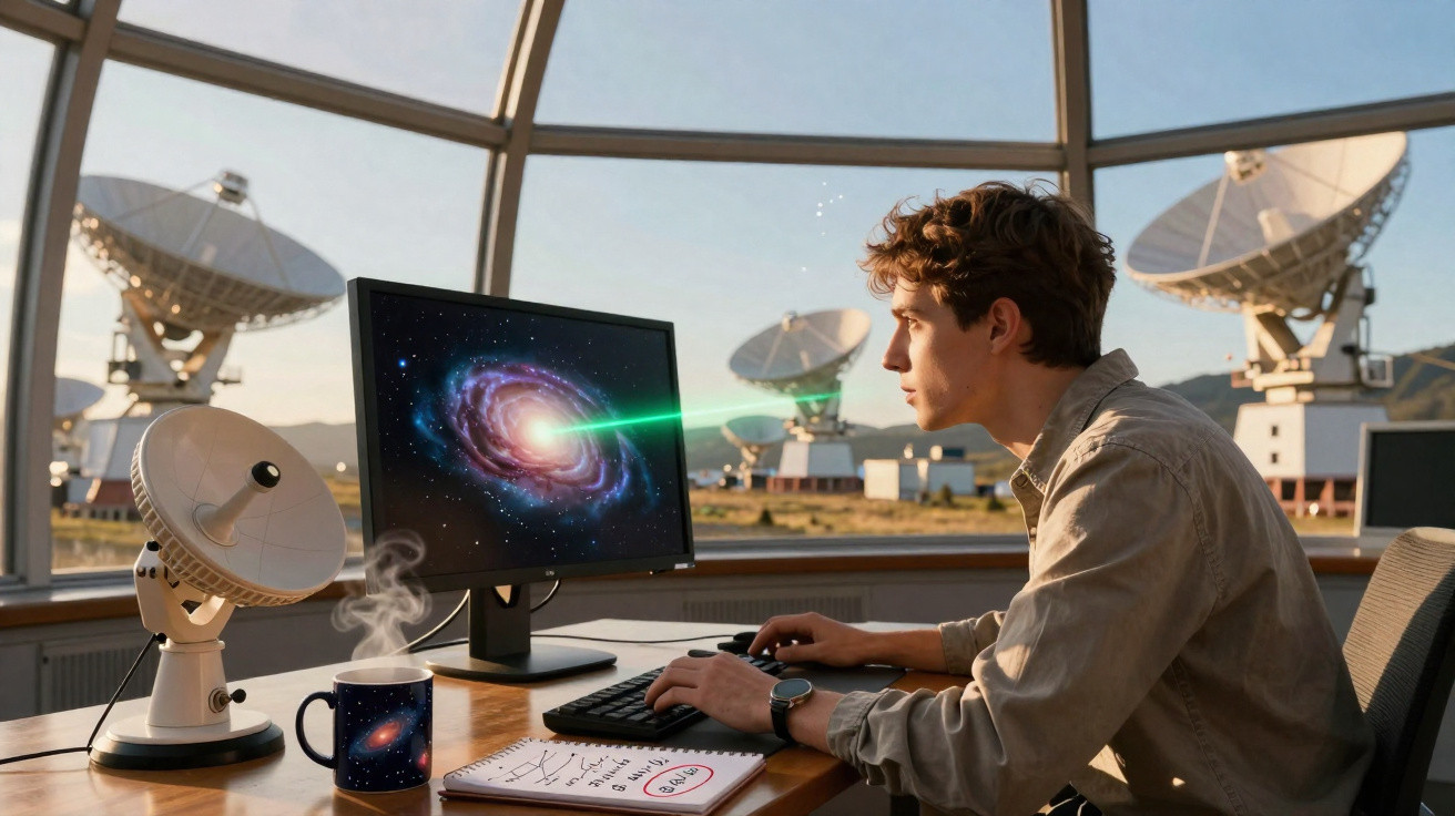 Jovem observando galáxia no monitor em sala com antenas parabólicas de observatório espacial.