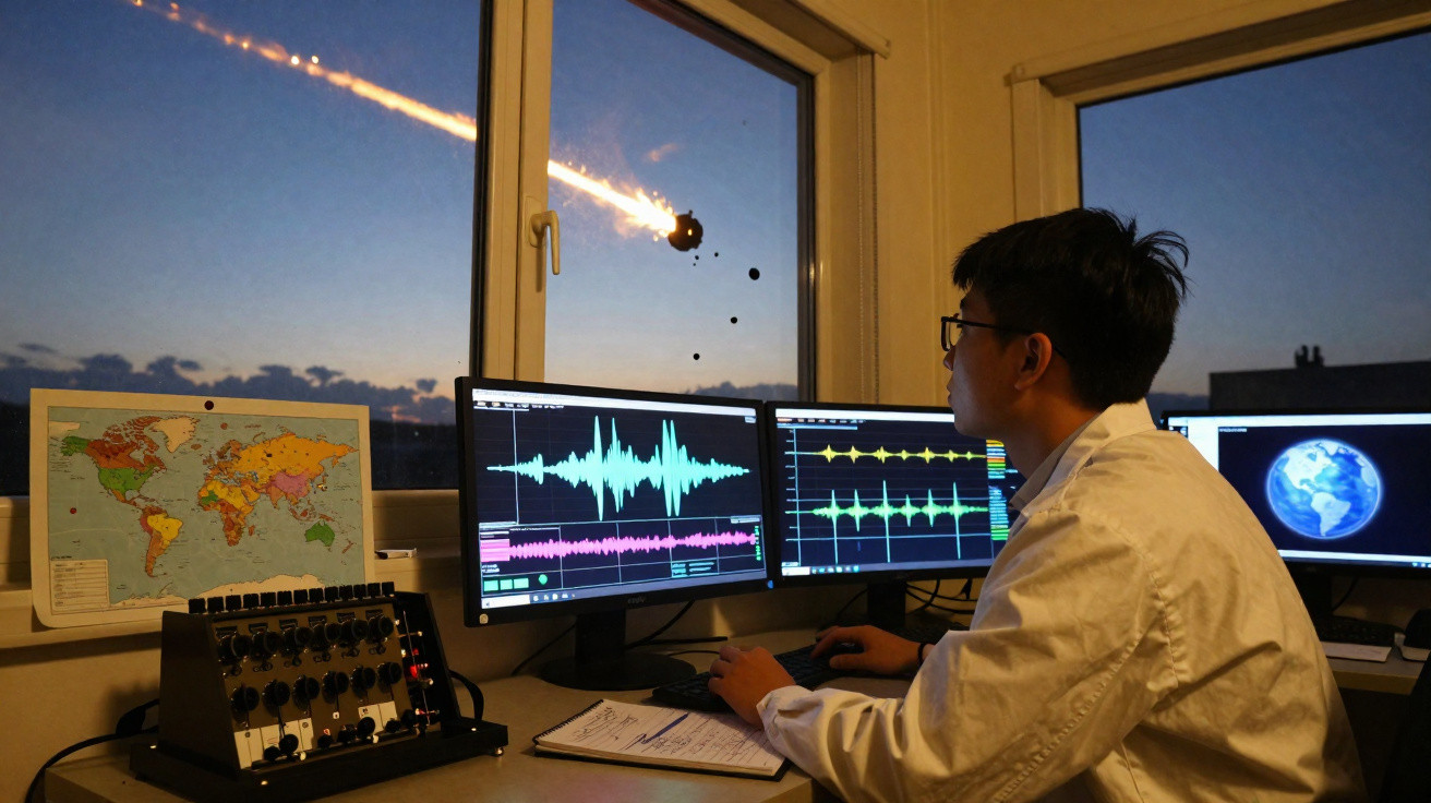 Cientista observa gráficos em monitores enquanto meteorito passa pela janela ao anoitecer.