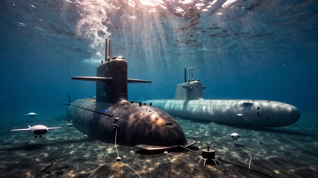 Dois submarinos militares submersos no fundo do mar com luz solar filtrando pela água.