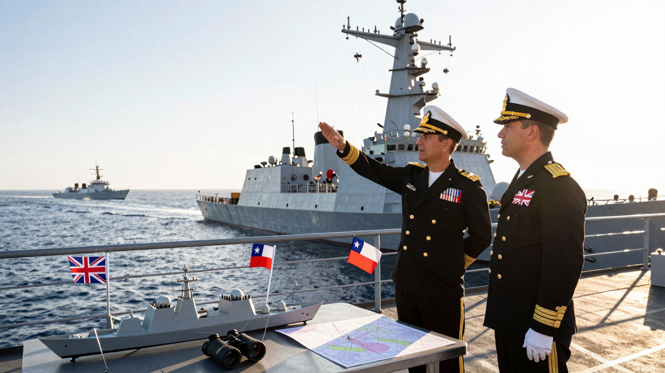 Dois oficiais navais em uniforme observam o mar ao lado de um navio de guerra com mapa e binóculos sobre uma mesa.