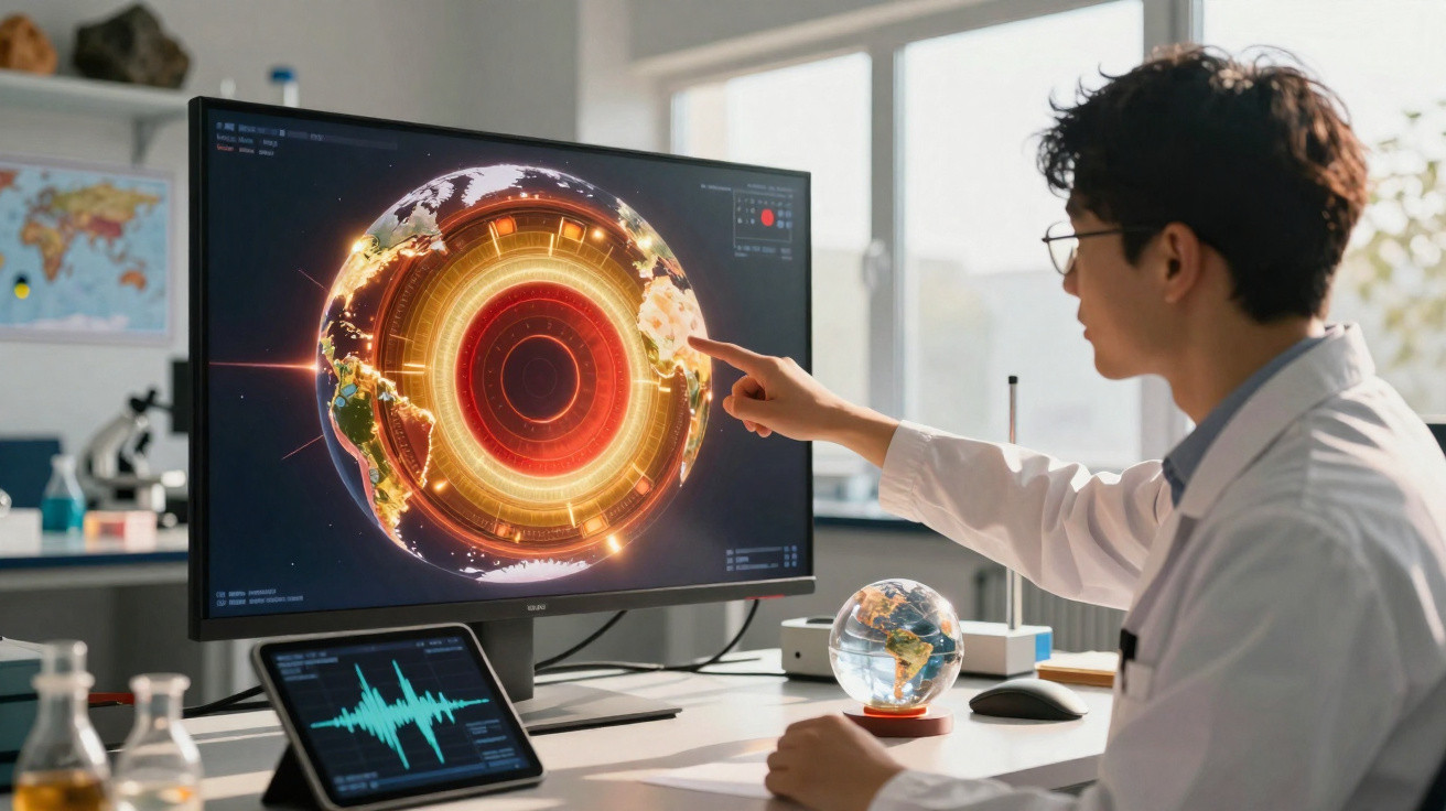 Cientista analisando imagem digital da Terra com gráficos e dados em laboratório iluminado por luz natural.
