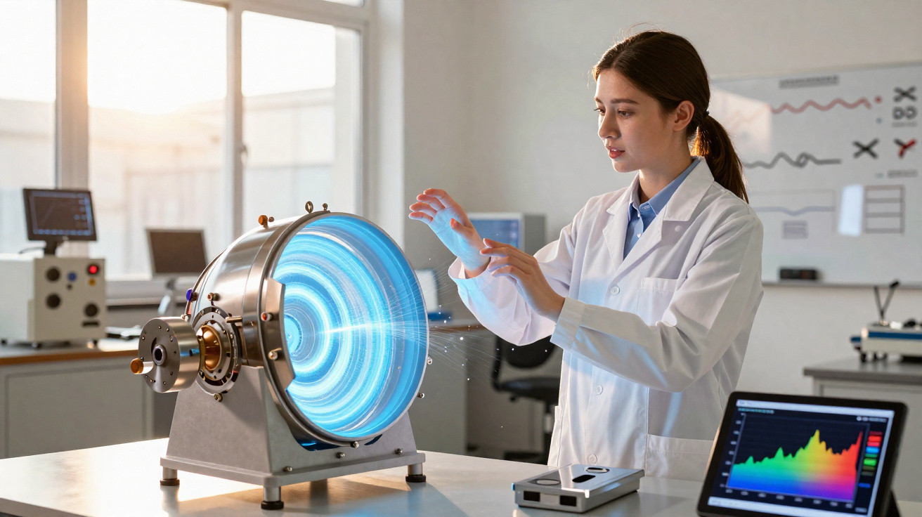 Cientista jovem em laboratório interage com dispositivo tecnológico emitindo luz azul circular.