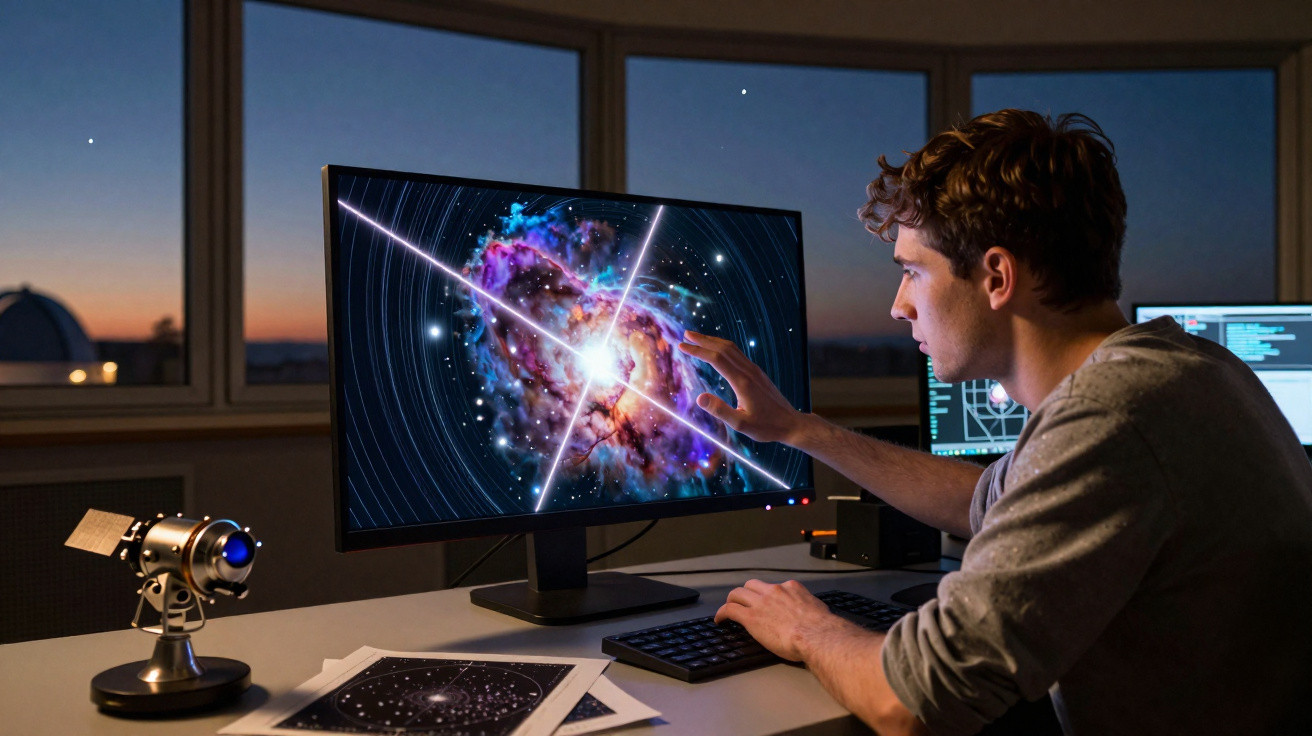 Jovem analisando imagens de galáxia brilhante na tela do computador em sala com janelas ao pôr do sol.