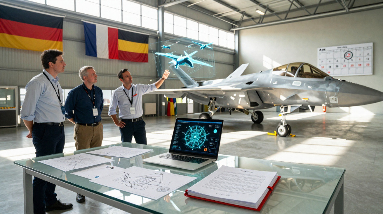 Três homens observam holograma de drone em hangar com avião de caça e mapas na mesa.