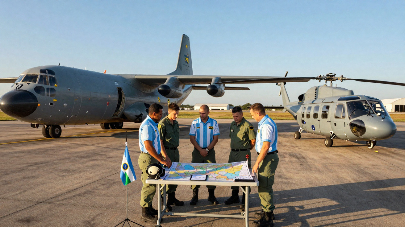Cinco militares em uniforme discutem mapas em mesa ao lado de avião e helicóptero em pista de aeroporto.