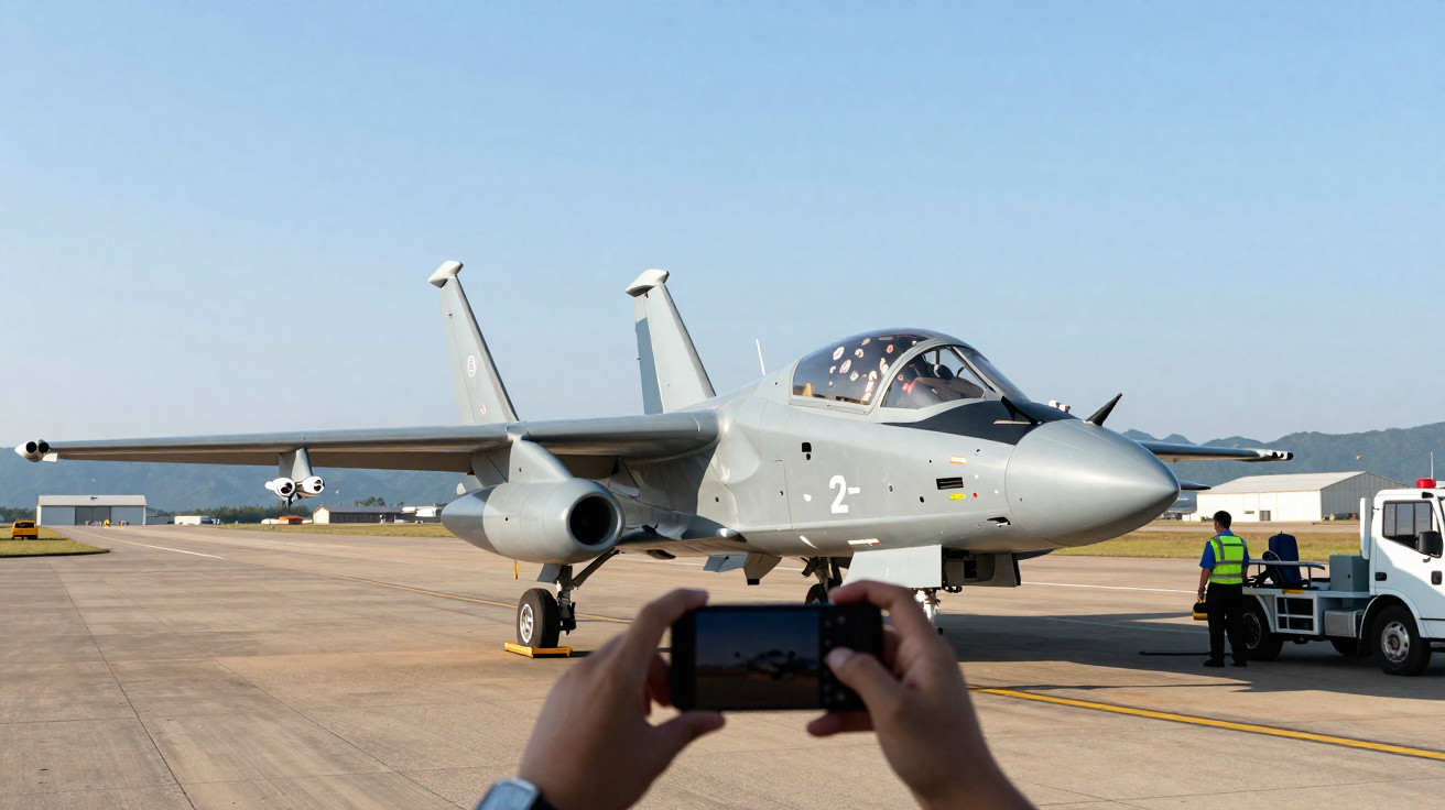Caça militar cinza estacionado em pista com pessoa tirando foto com celular em primeiro plano.