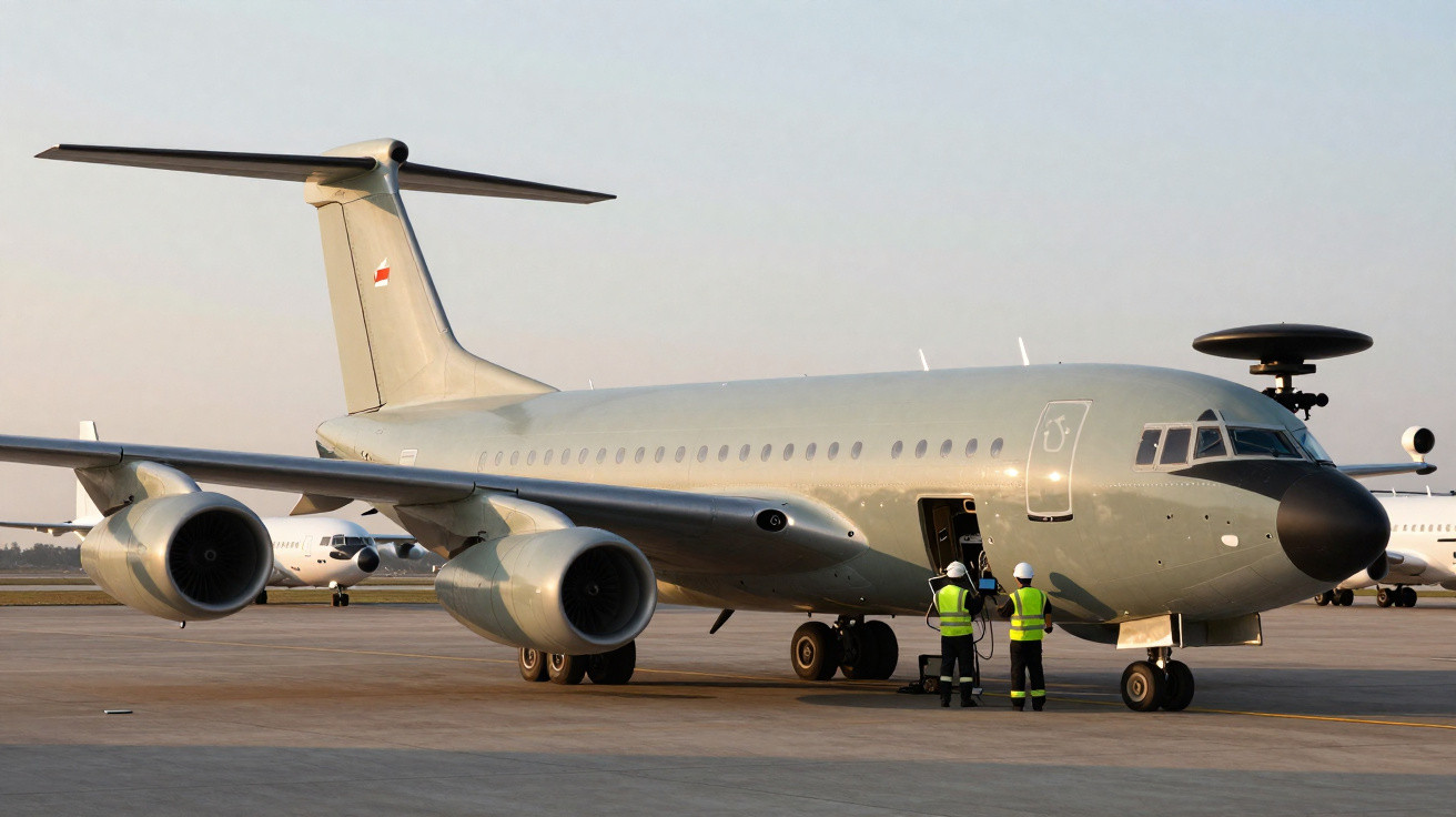 Avião militar cinza com radar no topo e dois trabalhadores com coletes refletivos ao lado no aeroporto.