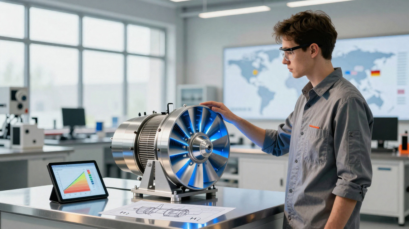 Jovem com óculos de proteção examina turbina em laboratório tecnológico com gráficos e desenhos técnicos.