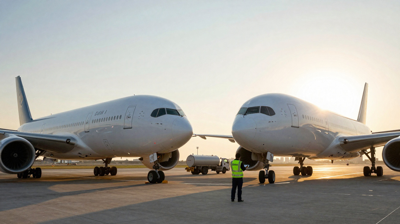 Dois aviões brancos estacionados lado a lado no aeroporto durante o pôr do sol com um trabalhador em uniforme refletivo.