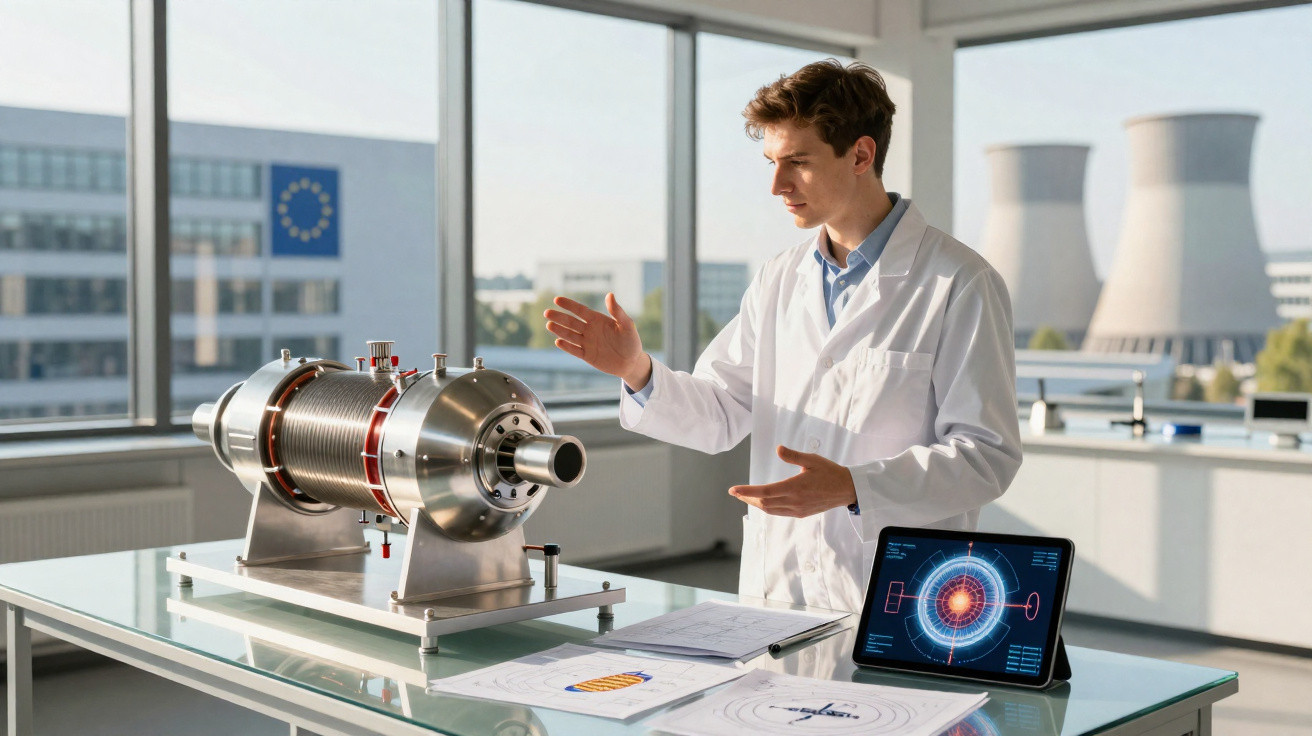 Cientista em laboratório explicando equipamento tecnológico com gráficos em tablet ao lado.