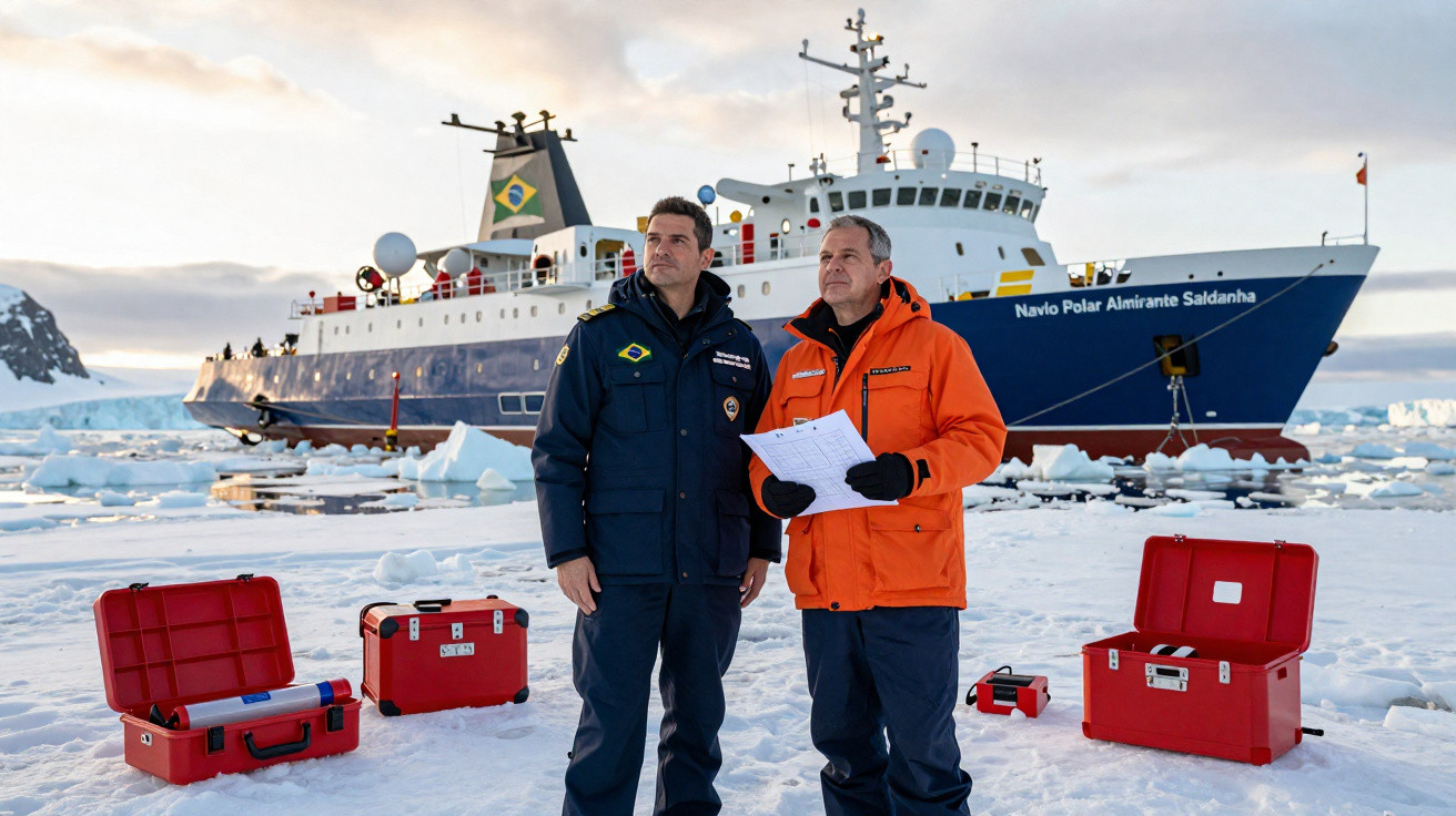 Dois homens com roupas de frio posando em frente ao navio polar Almirante Saldanha no gelo com caixas vermelhas ao redor.