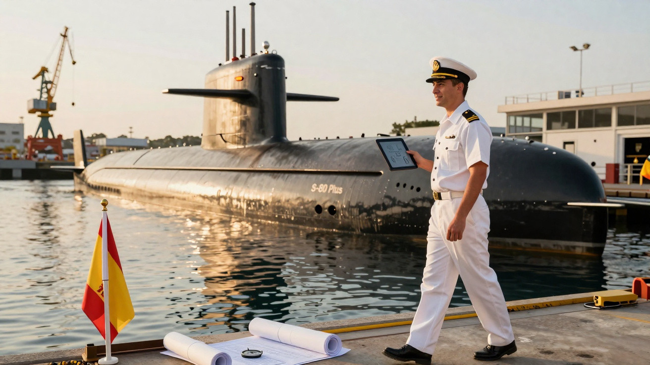 Oficial naval em uniforme branco caminha próximo a um submarino preto ancorado em porto industrial.