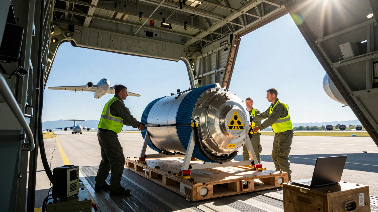 Militares movem equipamento nuclear dentro de aeronave carregando carga em pista ensolarada.