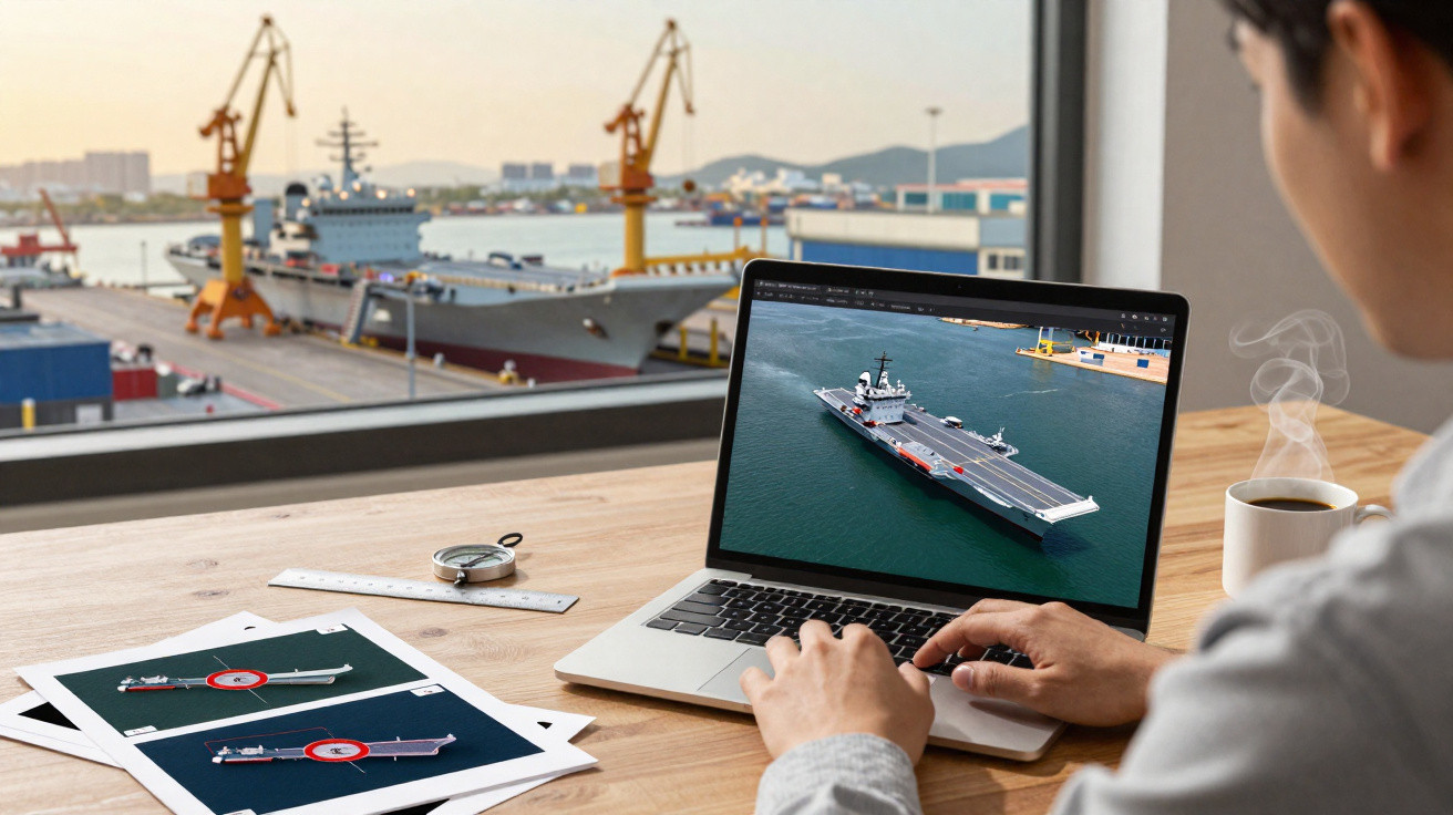 Pessoa trabalhando em computador com modelo 3D de navio cargueiro, em um escritório com vista para o cais.