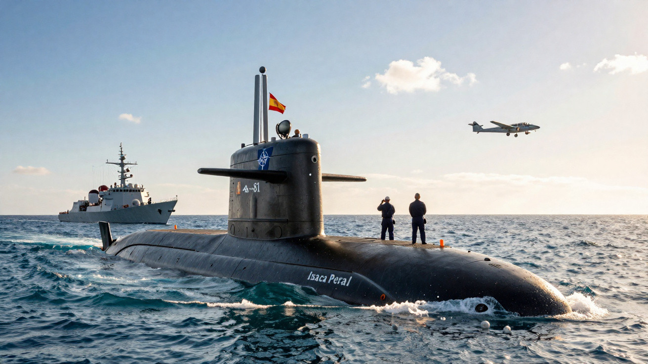 Submarino militar na superfície do mar com duas pessoas em cima, navio ao fundo e avião no céu.