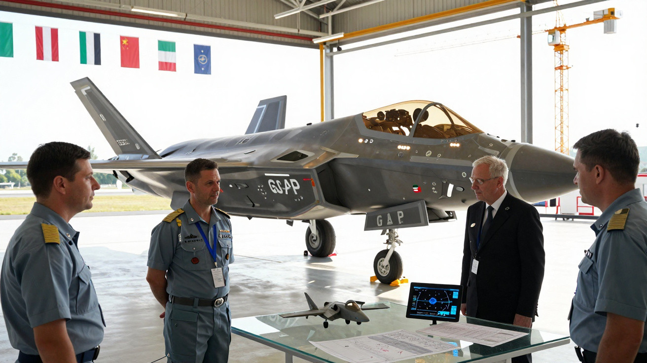 Quatro homens em uniformes militares junto a um caça F-35 em hangar, com mesa e miniatura na frente.