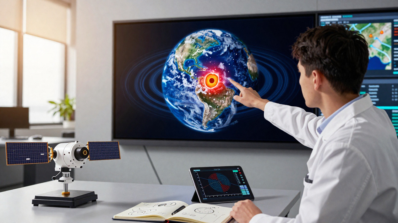 Homem em jaleco aponta para mapa da Terra digital destacando área vermelha em sala de controle com satélite e tablets.