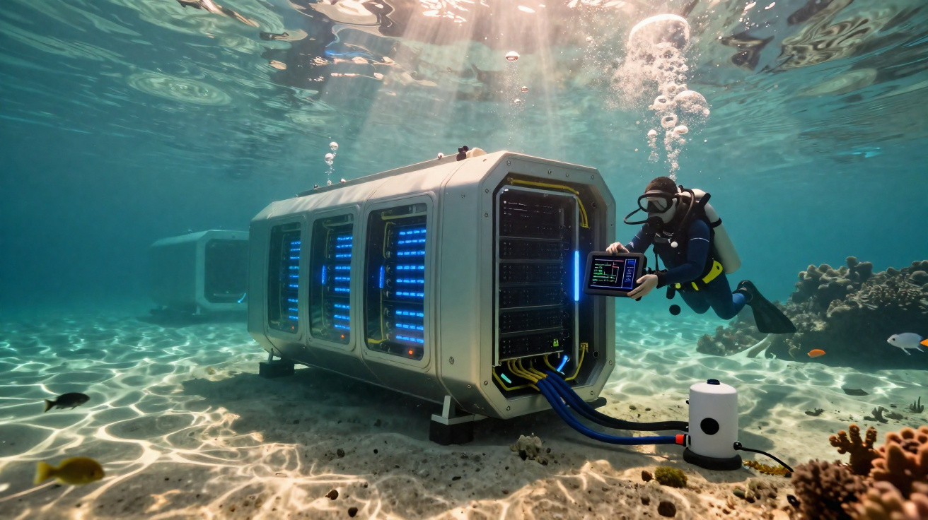 Mergulhador operando equipamento tecnológico subaquático iluminado com coral e peixes ao redor.