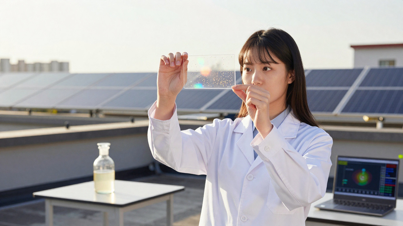 Cientista mulher em jaleco branco analisa lâmina transparente em instalação solar ao ar livre.
