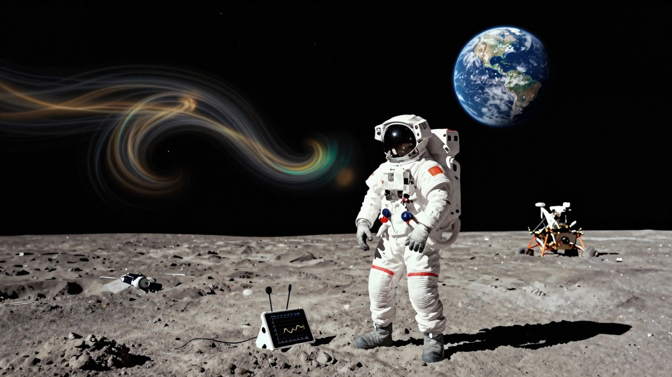 Astronauta em traje espacial na superfície da lua com Terra e equipamento ao fundo.