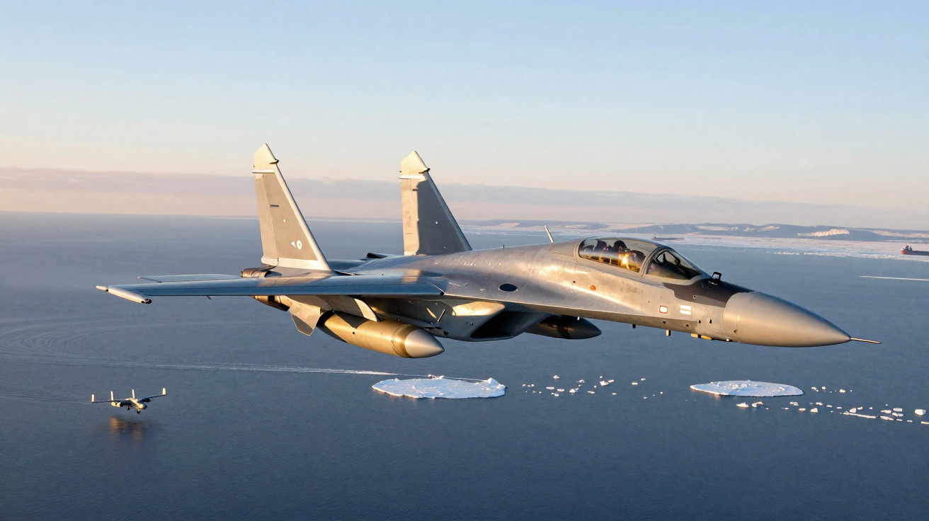 Avião militar de caça voando sobre o mar com gelo flutuante ao fundo e céu claro.