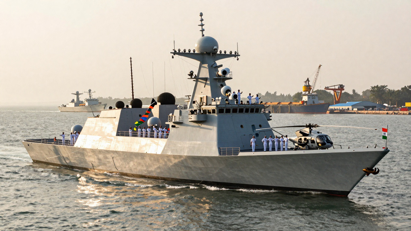 Navio de guerra cinza no mar com tripulantes fardados em linha no convés e helicóptero à proa.