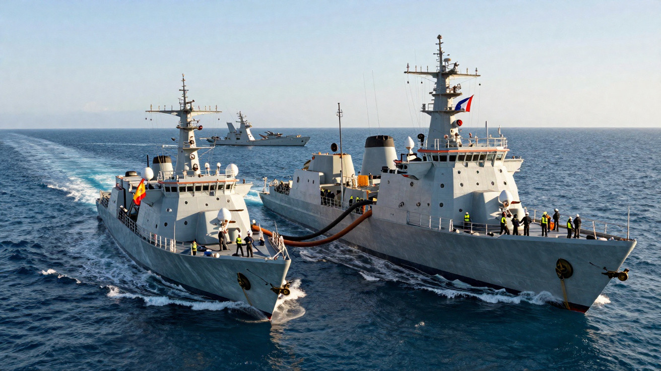 Dois navios militares próximos realizando operação de reabastecimento no mar com outro navio de escolta ao fundo.
