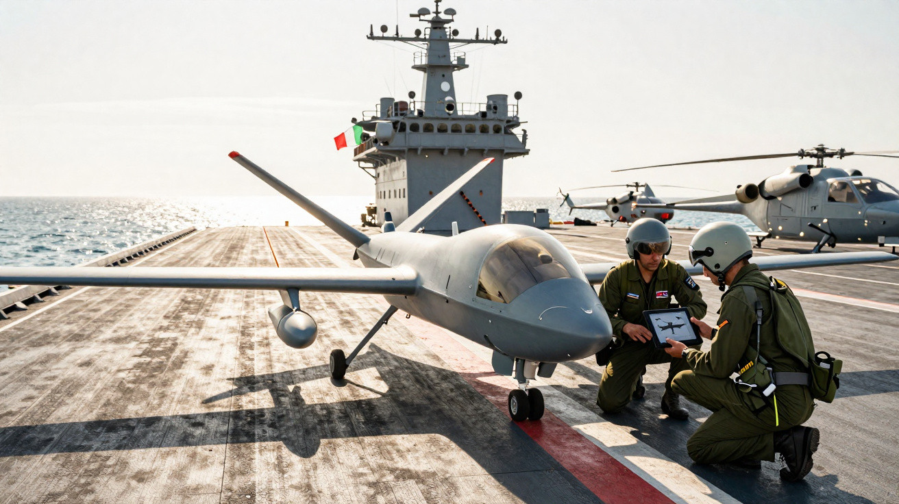 Drone militar cinza no convés de porta-aviões com dois militares verificando tablet ao lado.