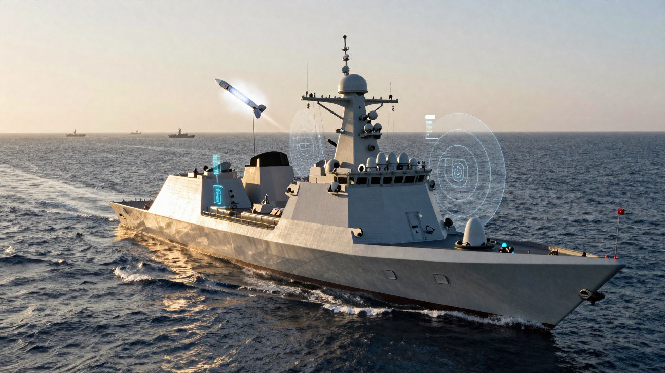 Navio de guerra moderno no mar com lançamento de míssil e gráficos de radar holográficos.