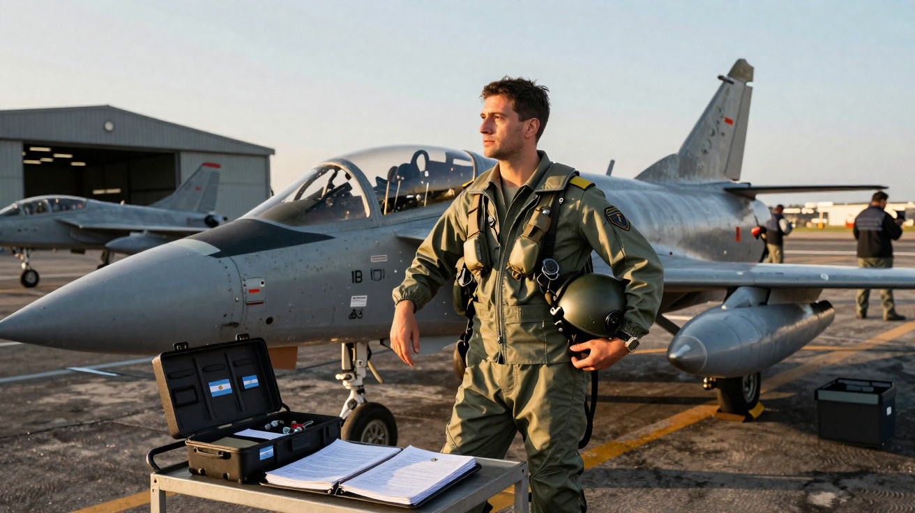 Piloto militar com uniforme e capacete ao lado de avião de combate em pista ao entardecer.