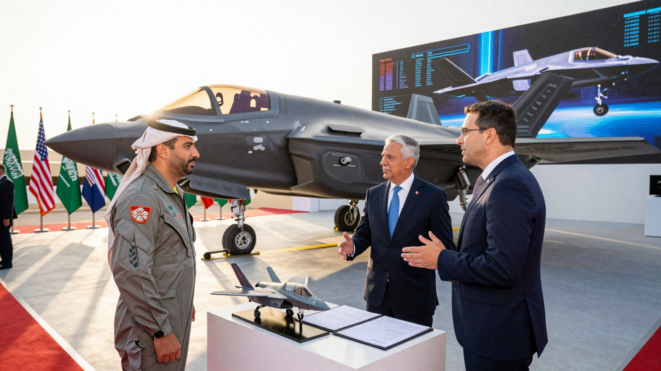 Três homens conversam em exposição de caça F-35 com modelo e jato real, ao fundo bandeiras e tela digital.