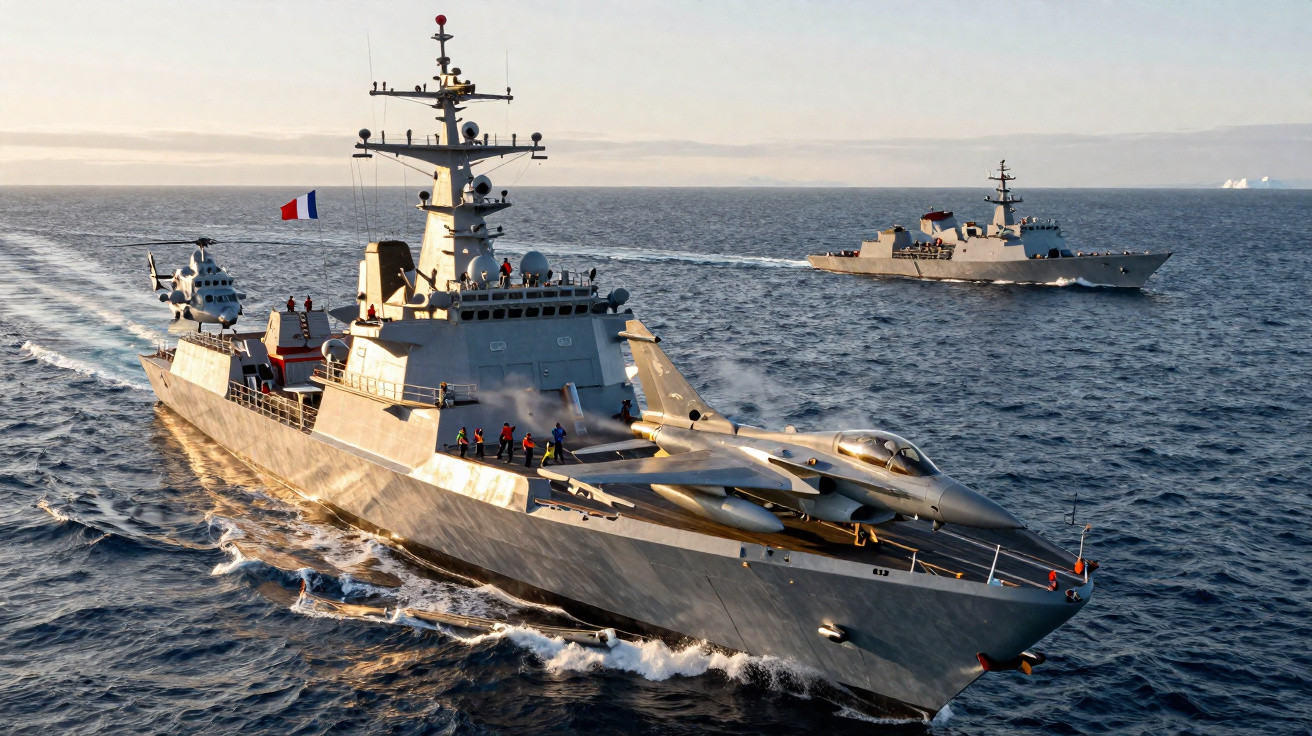 Dois navios de guerra no mar, um com jato militar a bordo e bandeira da França.