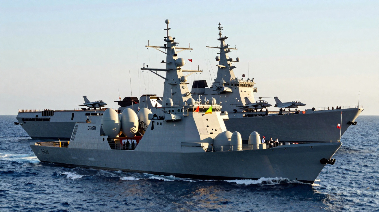 Dois navios de guerra navegando próximos no mar durante o dia, com aviões na cobertura.