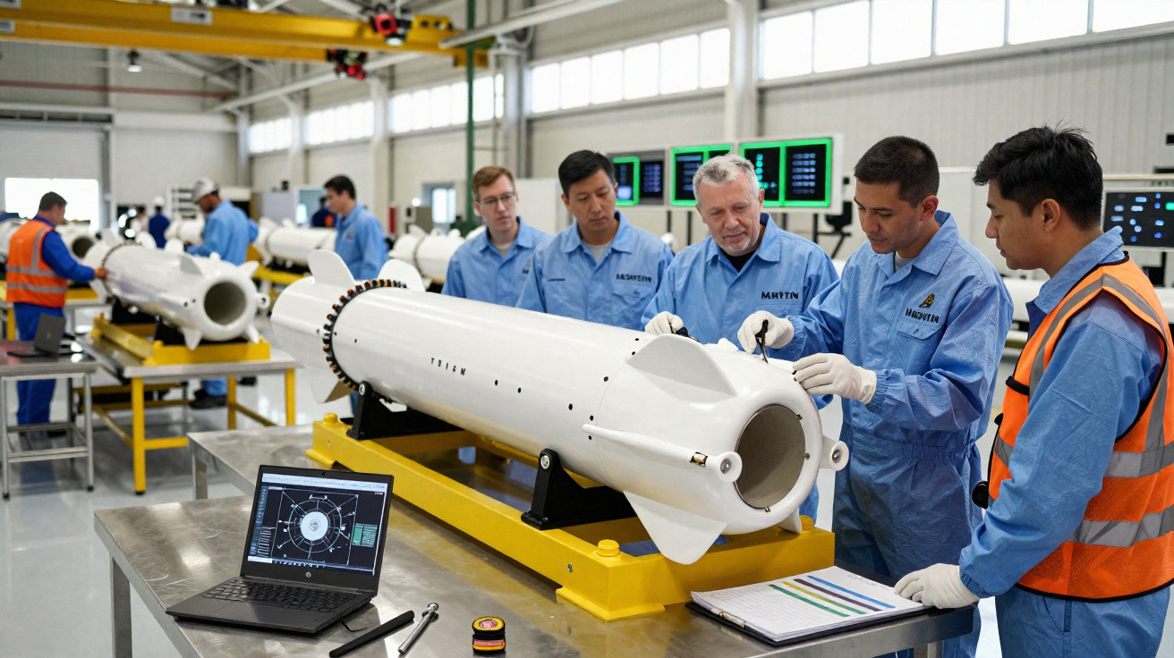 Equipe de engenheiros inspeciona equipamento cilíndrico branco em laboratório industrial com computadores e ferramentas.