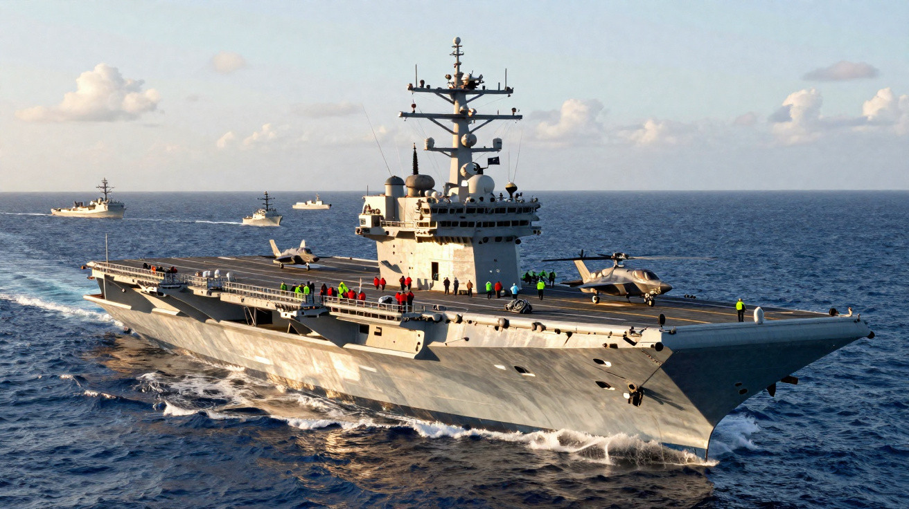 Porta-aviões naval em alto mar com tripulação no convés e helicóptero estacionado.