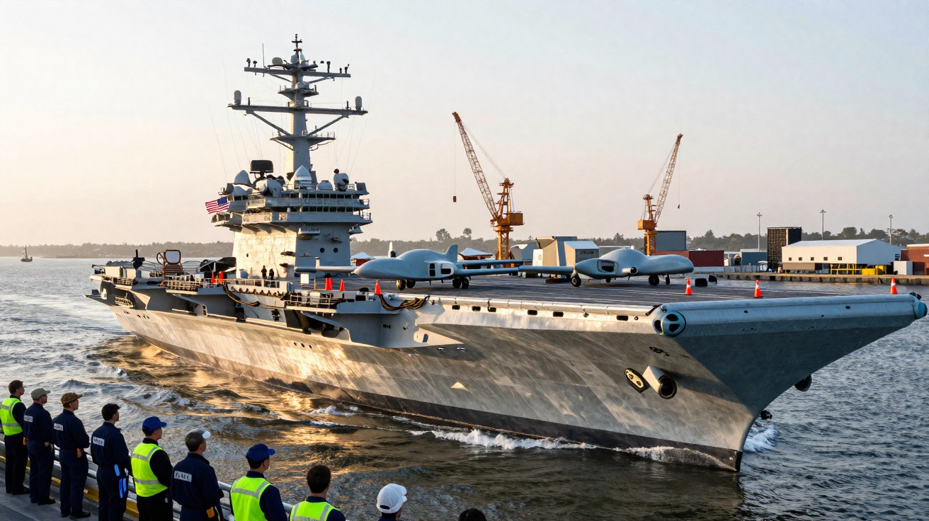 Porta-aviões naval com aeronaves no convés navegando próximo a porto, com pessoas na borda observando.