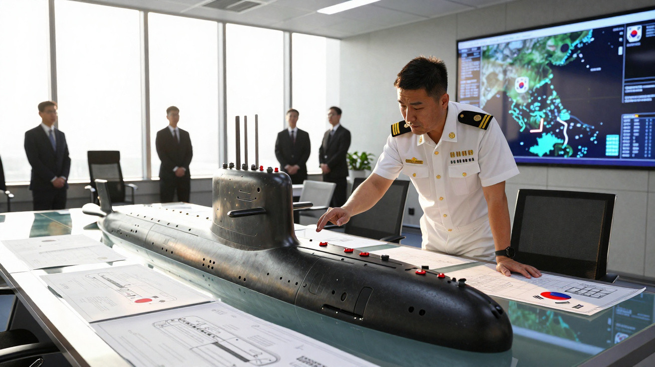 Oficial naval asiático manuseia modelo de submarino em sala de reuniões com homens ao fundo.