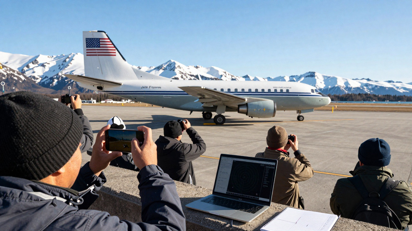 Pessoas fotografam avião com bandeira dos EUA em pista cercada por montanhas nevadas ao fundo.