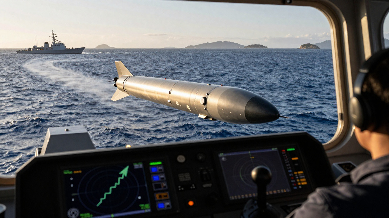 Pessoa operando radar de navio enquanto torpedo é lançado no mar com outra embarcação ao fundo.
