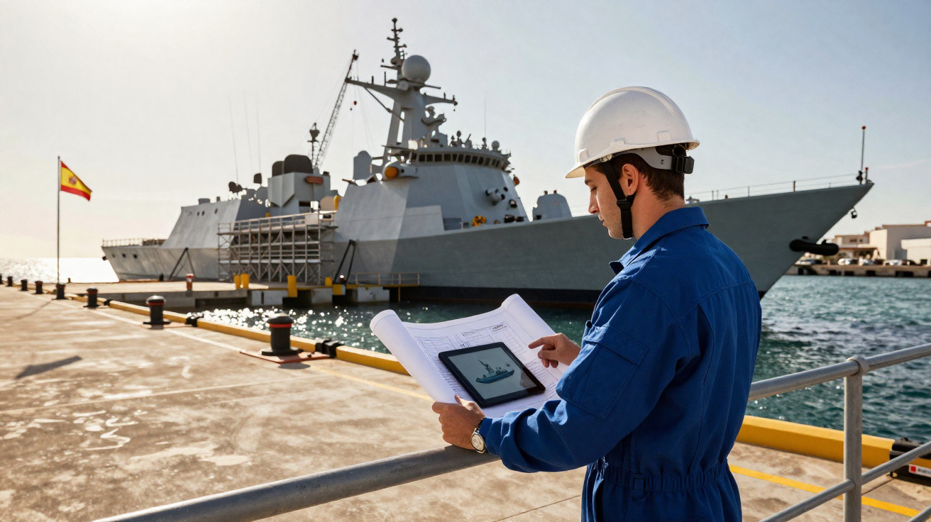 Homem de capacete branco e macacão azul analisa planta naval no cais com navio de guerra ao fundo e bandeira da Espanha.