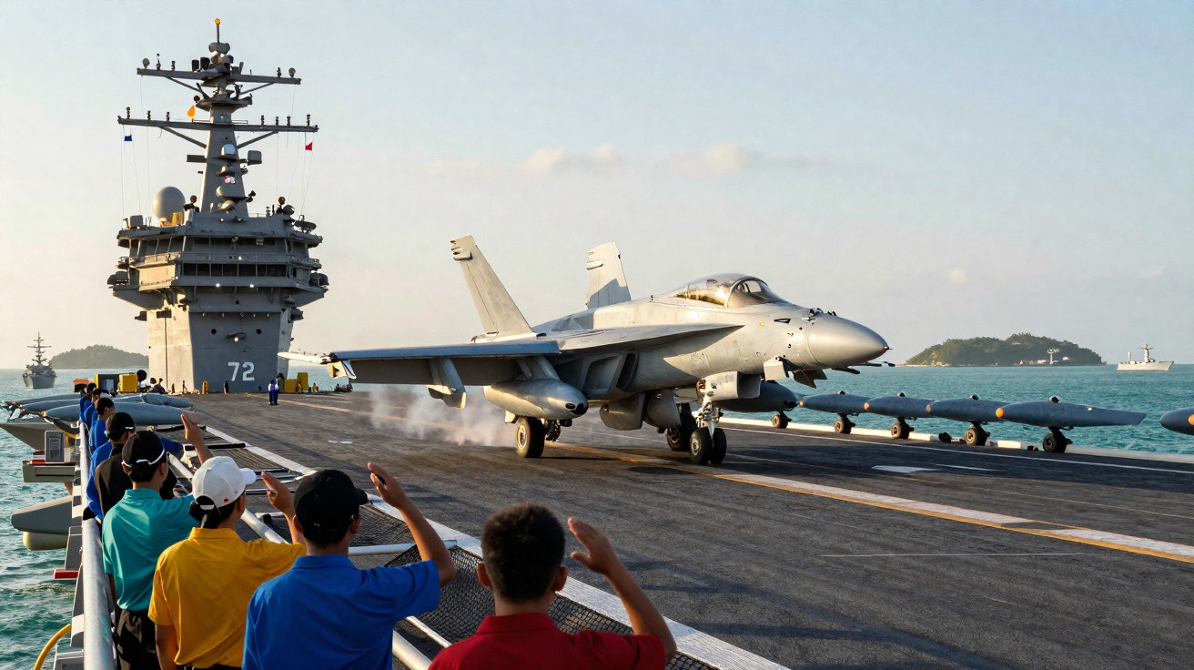 Caça F-18 decolando de porta-aviões com tripulação em uniforme observando na lateral do convés.