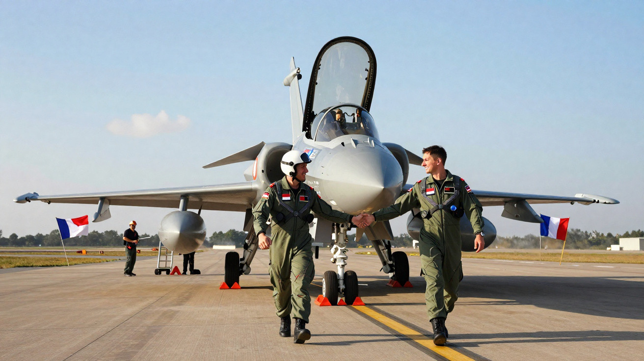 Dois pilotos militares de macacão verde apertam as mãos em frente a um caça branco estacionado na pista.