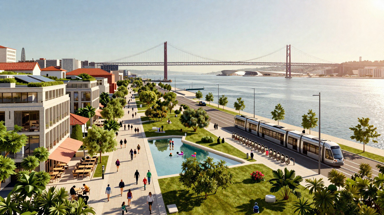 Vista aérea de parque urbano com pessoas, bonde, e ponte suspensa sobre rio ao fundo em dia ensolarado.