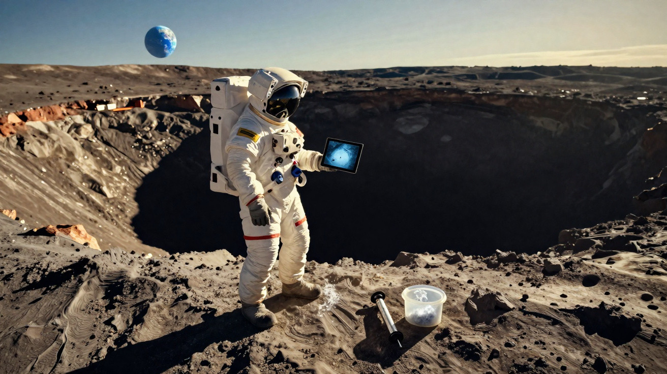 Astronauta em traje espacial observa tablet perto de cratera na superfície lunar com a Terra ao fundo.
