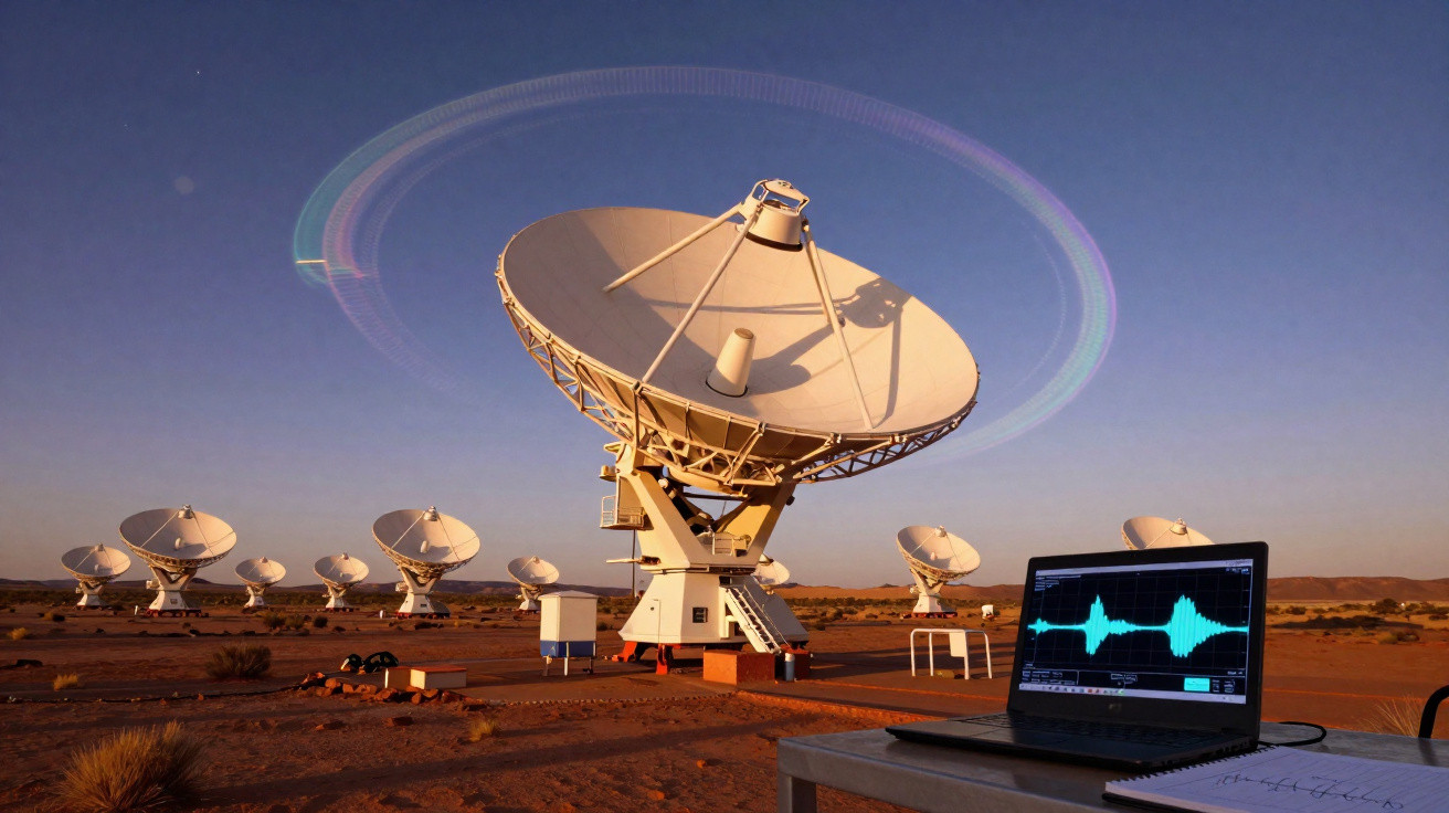 Antenas parabólicas no deserto com laptop mostrando ondas sonoras em primeiro plano ao entardecer.